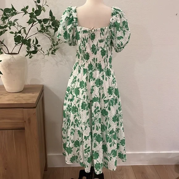 Rachel Parcell | Stencil Floral Eyelet Puff Sleeve Midi Dress Foliage Green - Picture 7 of 12